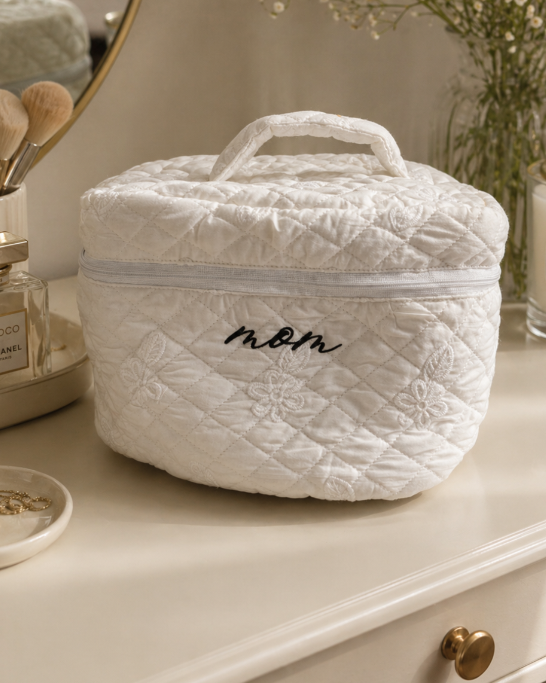 White Quilted Vanity Pouch